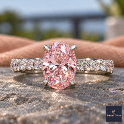 Pink Oval Cut Lab Grown Diamond Engagement Ring - Cathedral Pave Band in white gold, close-up