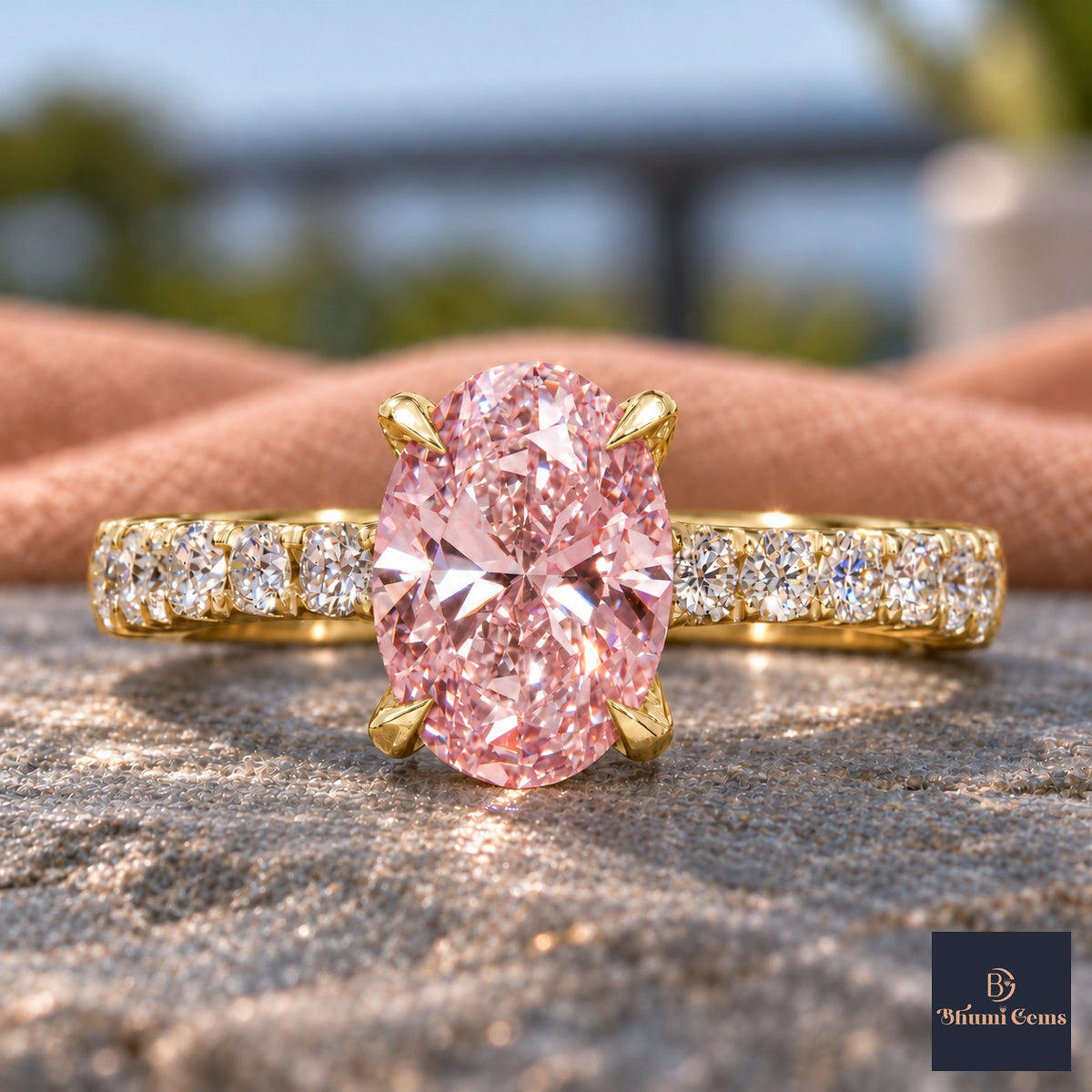 Pink Oval Cut Lab Grown Diamond Engagement Ring - Cathedral Pave Band in yellow gold, close-up