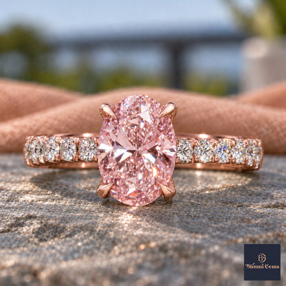 Pink Oval Cut Lab Grown Diamond Engagement Ring - Cathedral Pave Band in rose gold, close-up