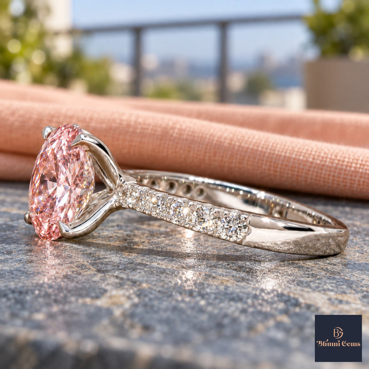 Pink Oval Cut Lab Grown Diamond Engagement Ring - Cathedral Pave Band in white gold, side view