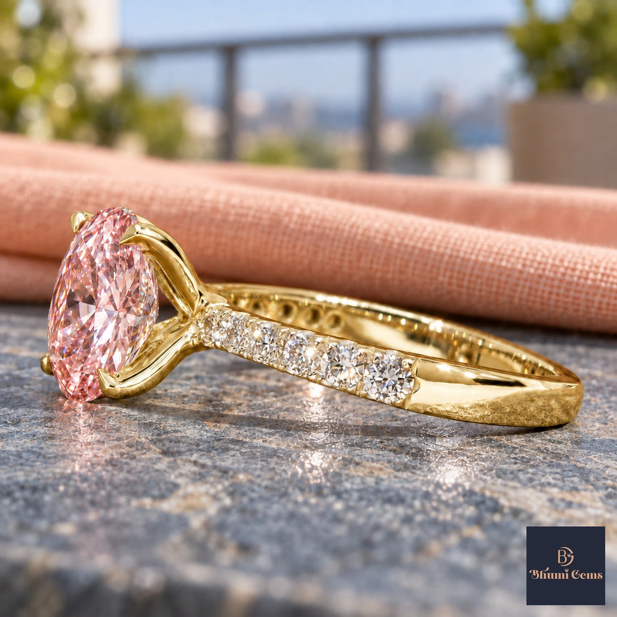Pink Oval Cut Lab Grown Diamond Engagement Ring - Cathedral Pave Band in yellow gold, side view