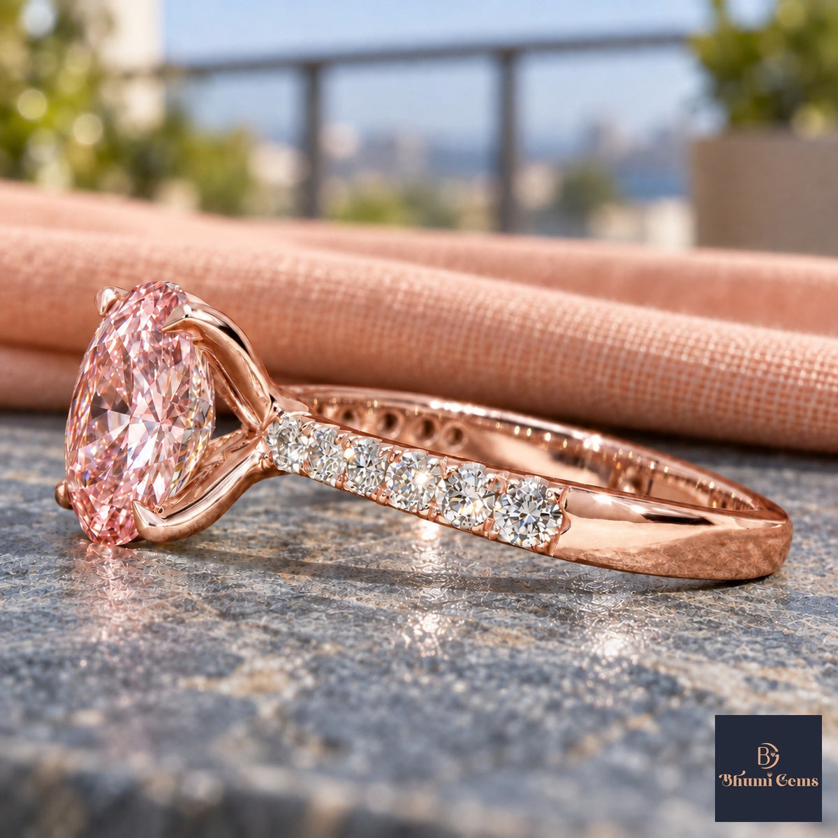 Pink Oval Cut Lab Grown Diamond Engagement Ring - Cathedral Pave Band in rose gold, side view
