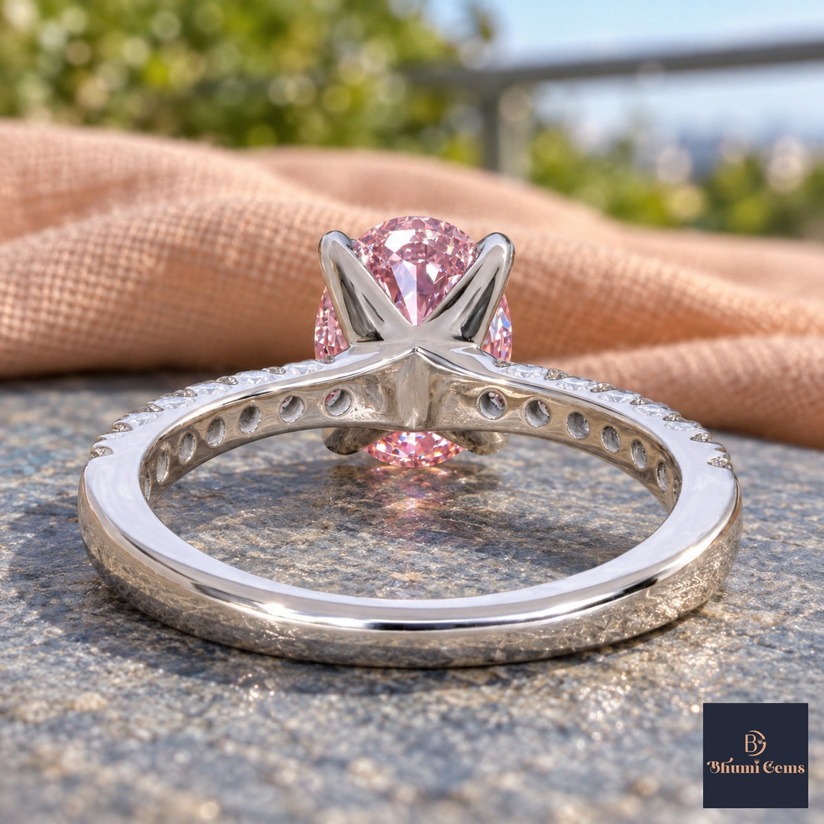 Pink Oval Cut Lab Grown Diamond Engagement Ring - Cathedral Pave Band in white gold, gallery view