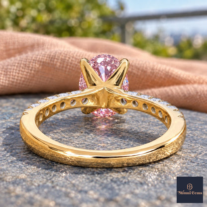 Pink Oval Cut Lab Grown Diamond Engagement Ring - Cathedral Pave Band in yellow gold, gallery view