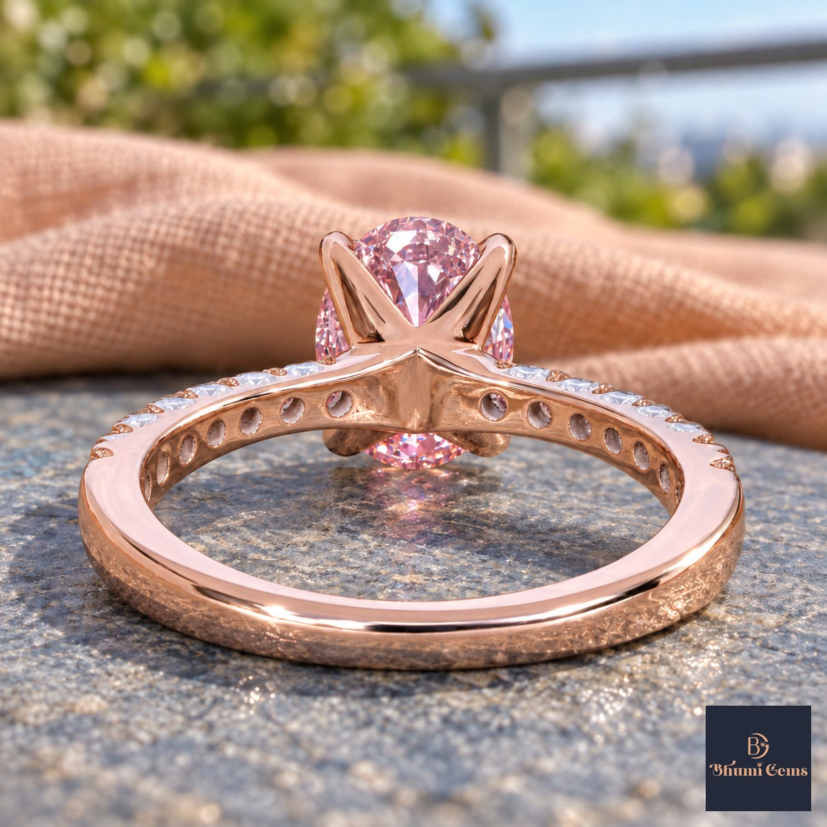 Pink Oval Cut Lab Grown Diamond Engagement Ring - Cathedral Pave Band in rose gold, gallery view
