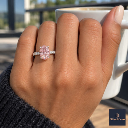 Pink Oval Cut Lab Grown Diamond Engagement Ring - Cathedral Pave Band in white gold, on the hand