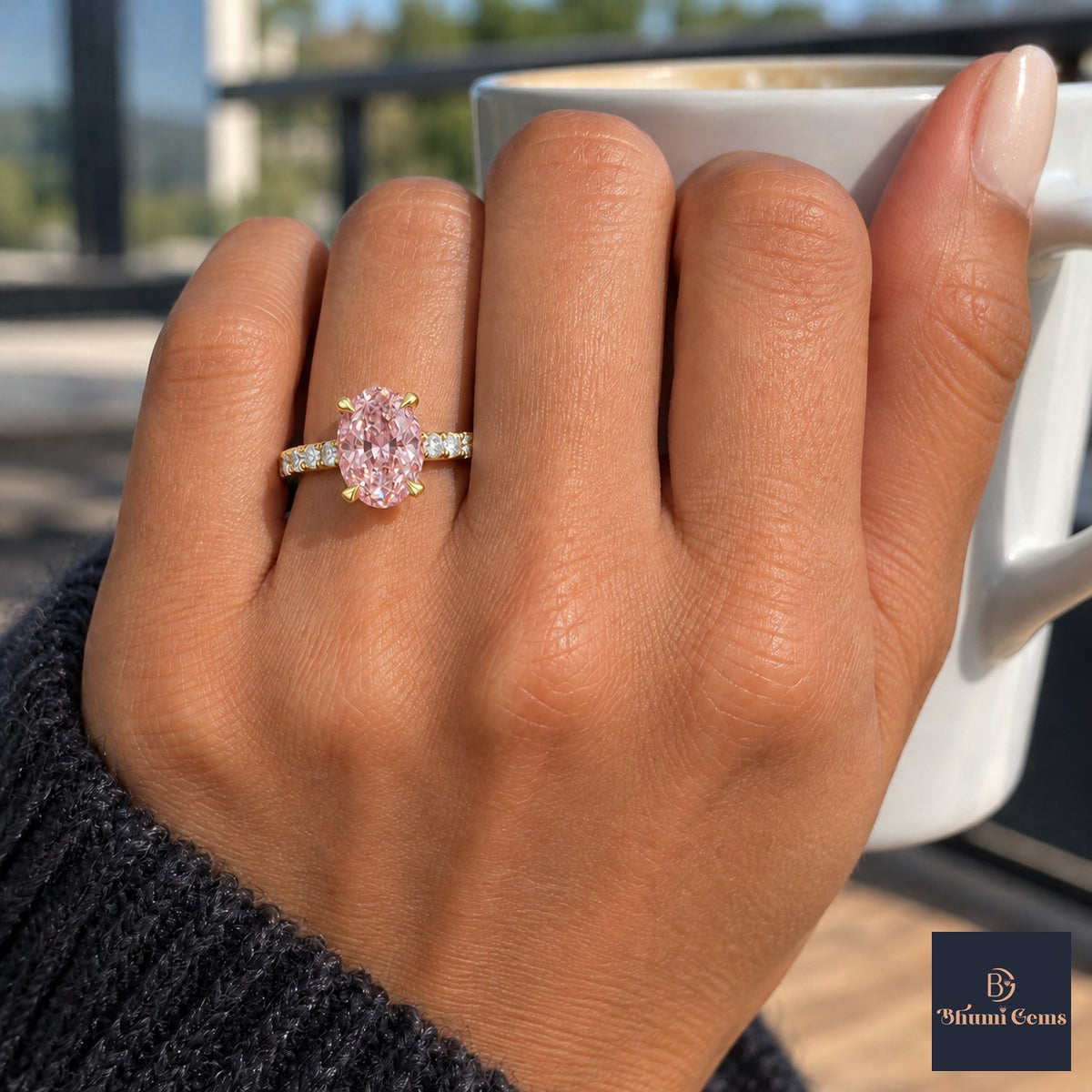 Pink Oval Cut Lab Grown Diamond Engagement Ring - Cathedral Pave Band in yellow gold, on the hand