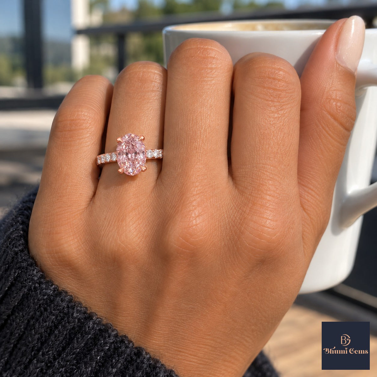 Pink Oval Cut Lab Grown Diamond Engagement Ring - Cathedral Pave Band in rose gold, on the hand