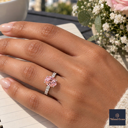 Pink Oval Cut Lab Grown Diamond Engagement Ring - Cathedral Pave Band in white gold, worn on the hand