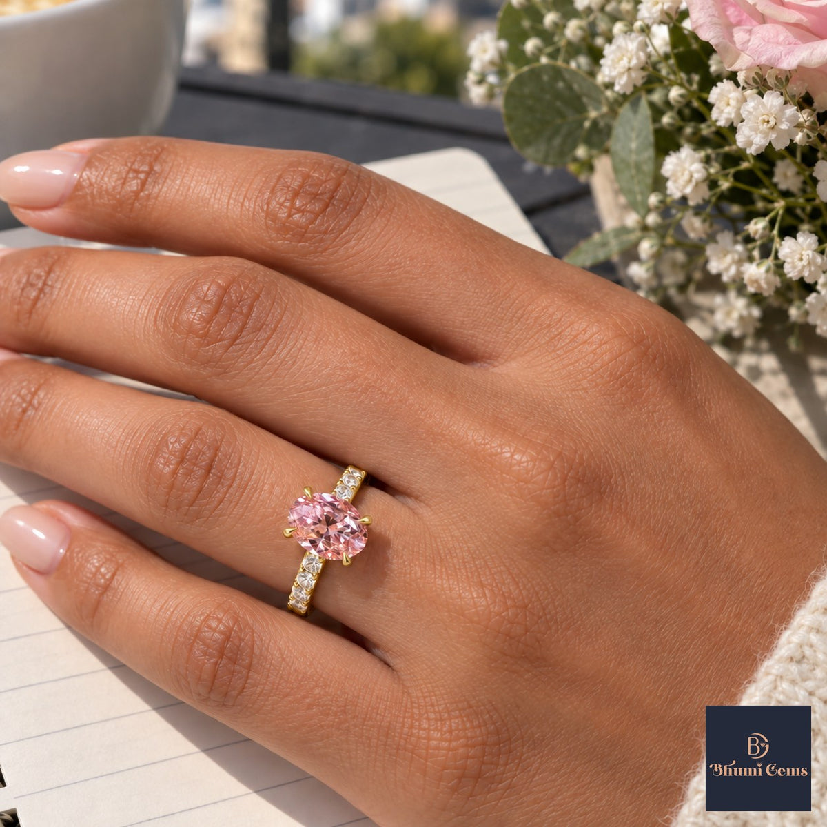 Pink Oval Cut Lab Grown Diamond Engagement Ring - Cathedral Pave Band in yellow gold, worn on the hand