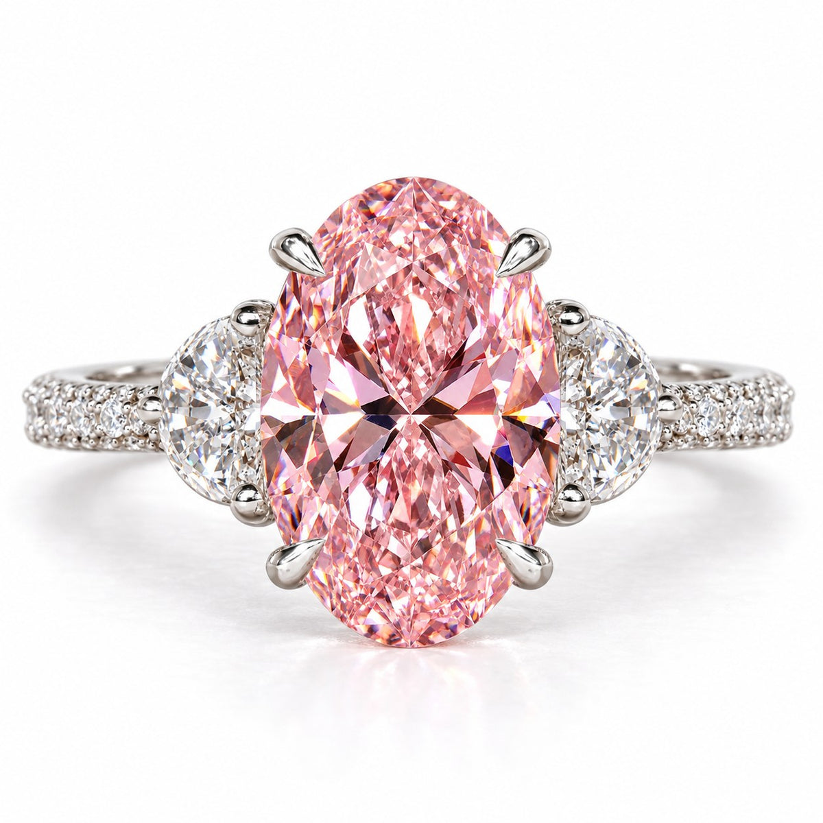 Pink Oval Cut Lab Grown Diamond Engagement Ring - Half Moon Pave in white gold, front view