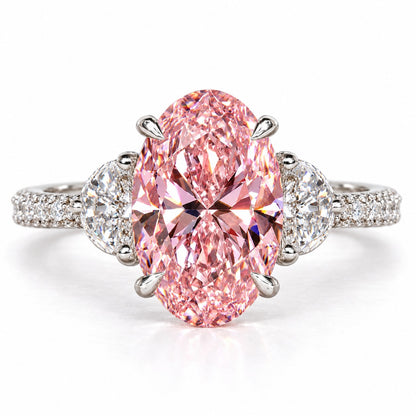 Pink Oval Cut Lab Grown Diamond Engagement Ring - Half Moon Pave in white gold, front view