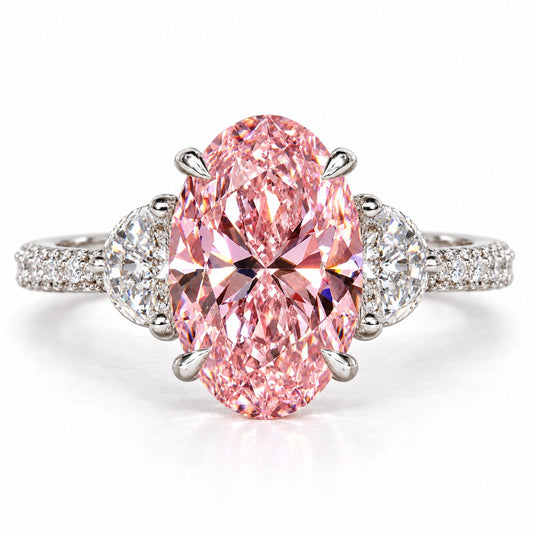 Pink Oval Cut Lab Grown Diamond Engagement Ring - Half Moon Pave in white gold, front view