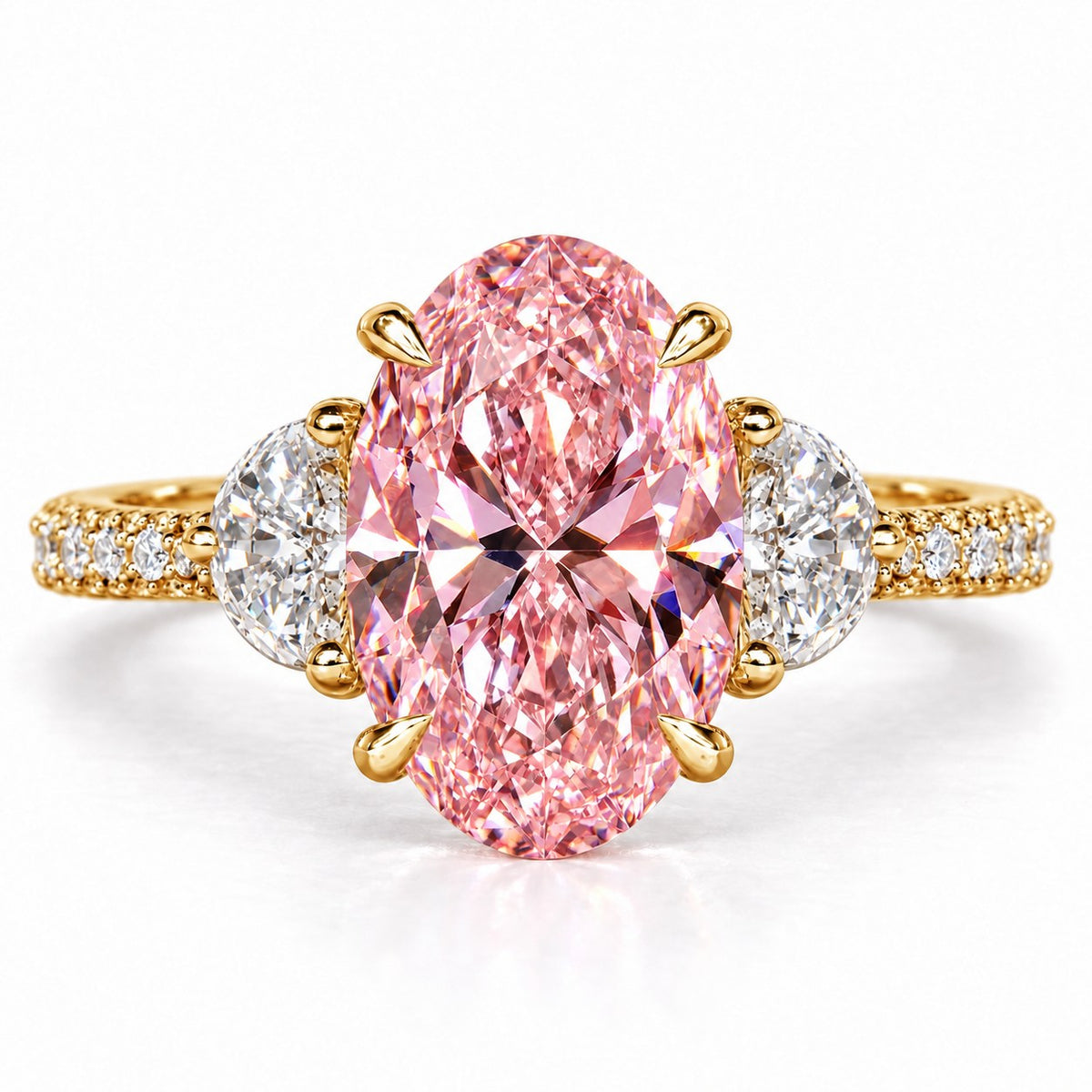 Pink Oval Cut Lab Grown Diamond Engagement Ring - Half Moon Pave in yellow gold, front view