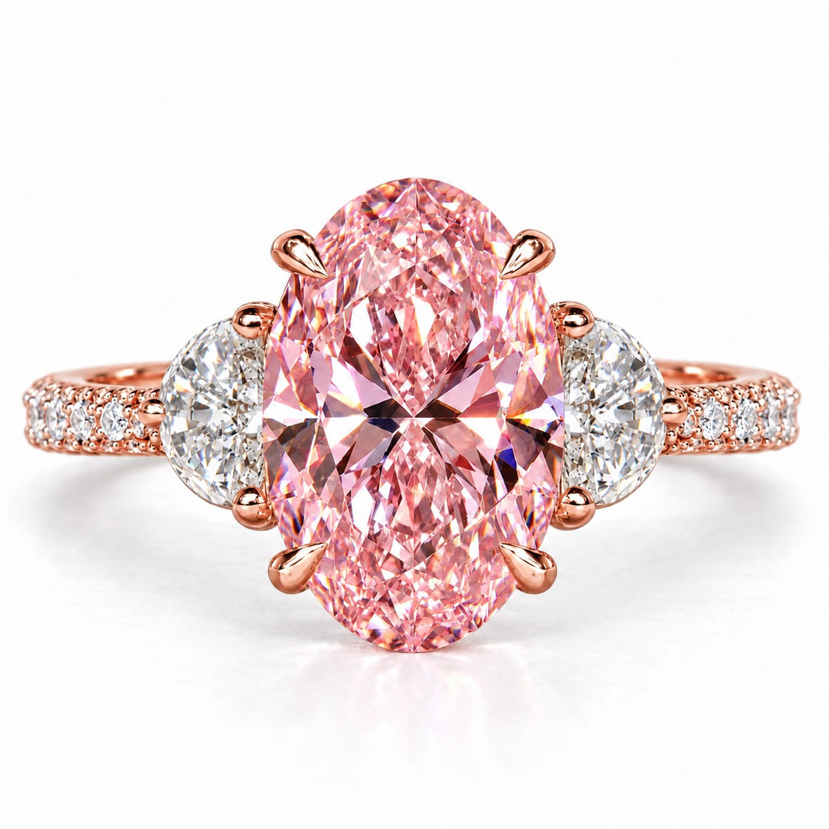Pink Oval Cut Lab Grown Diamond Engagement Ring - Half Moon Pave in rose gold, front view