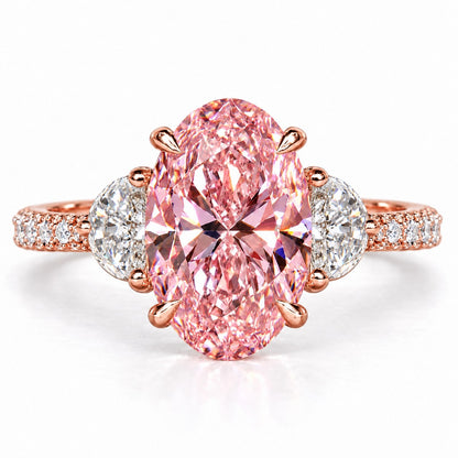 Pink Oval Cut Lab Grown Diamond Engagement Ring - Half Moon Pave in rose gold, front view