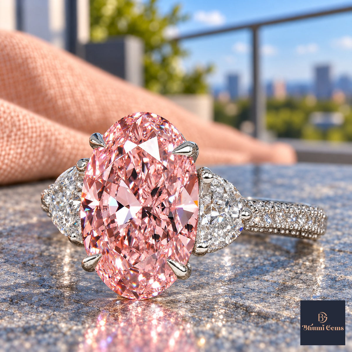 Pink Oval Cut Lab Grown Diamond Engagement Ring - Half Moon Pave in white gold, close-up