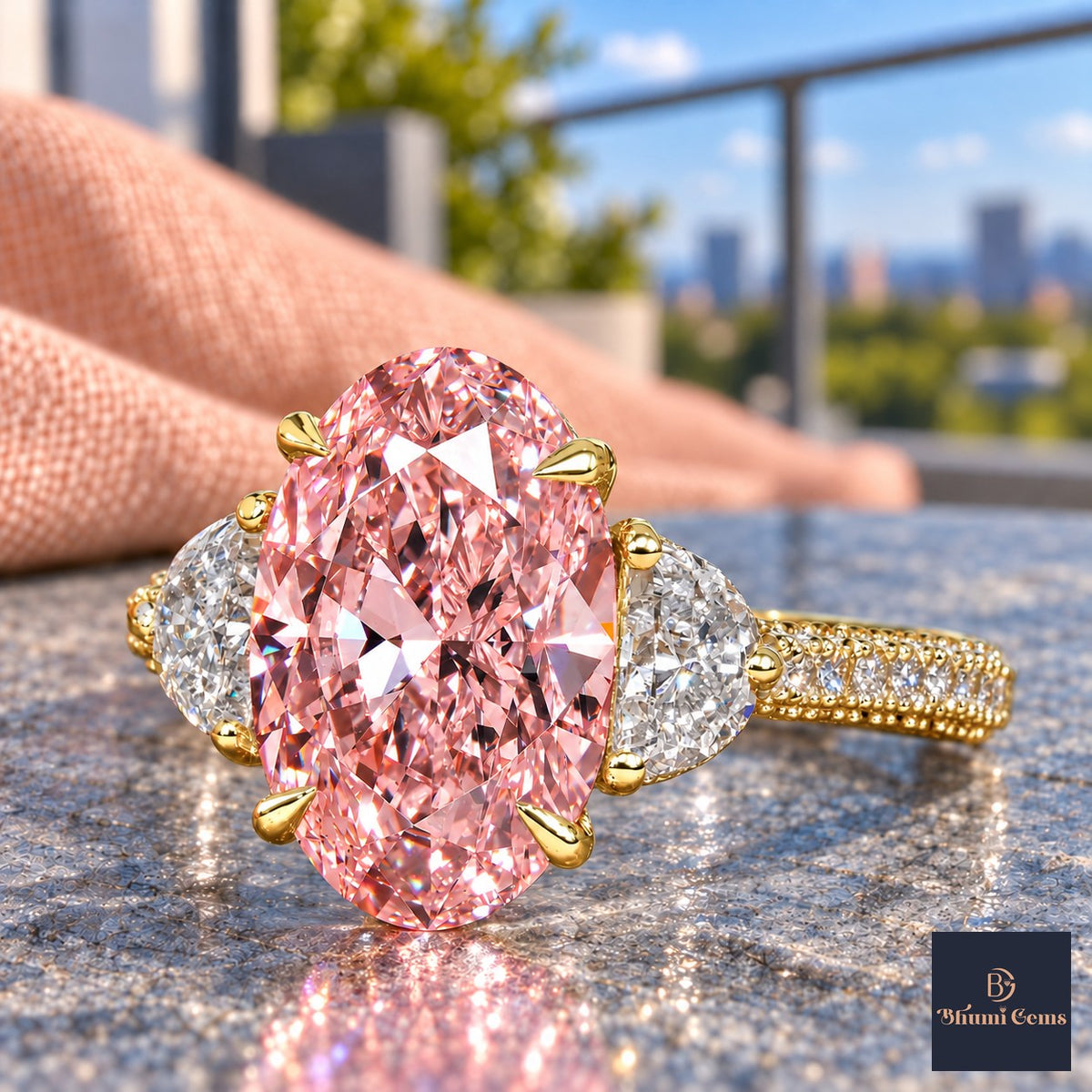 Pink Oval Cut Lab Grown Diamond Engagement Ring - Half Moon Pave in yellow gold, close-up