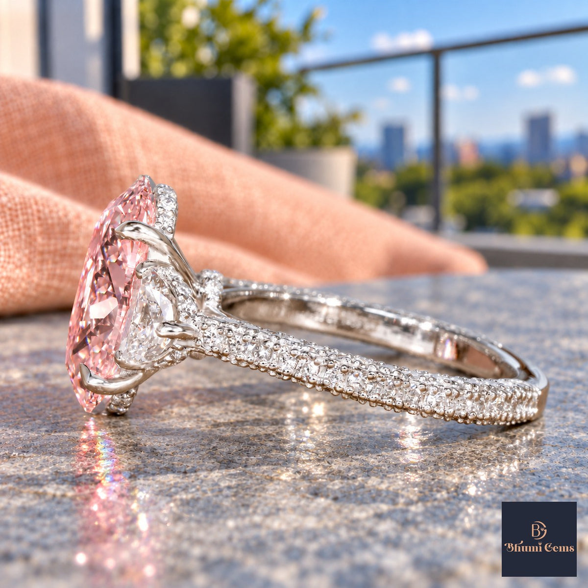 Pink Oval Cut Lab Grown Diamond Engagement Ring - Half Moon Pave in white gold, side view