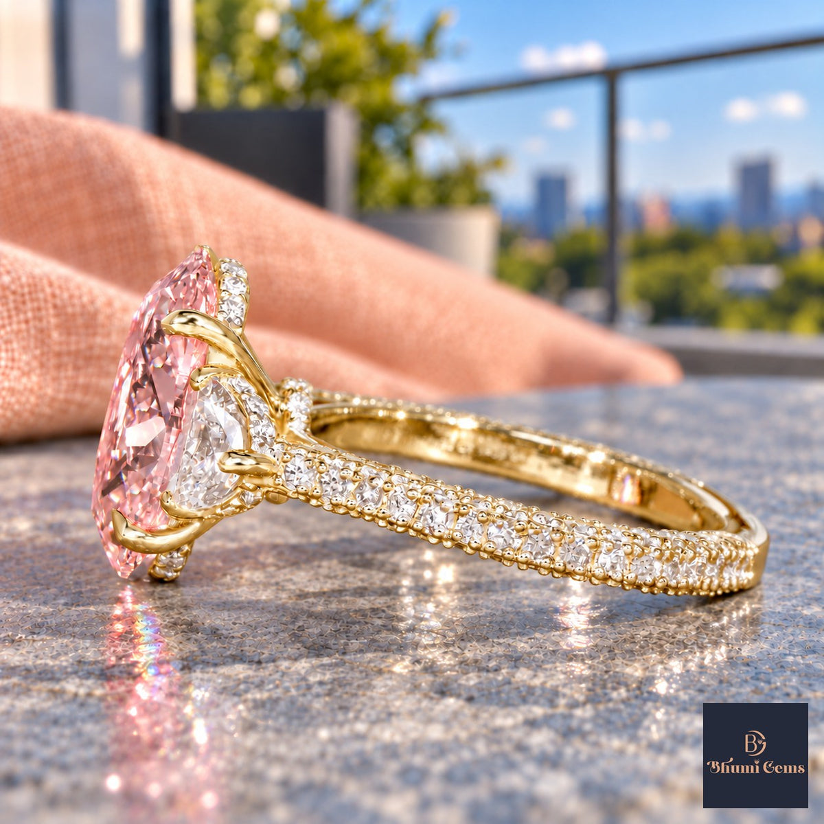 Pink Oval Cut Lab Grown Diamond Engagement Ring - Half Moon Pave in yellow gold, side view