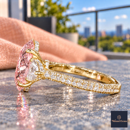 Pink Oval Cut Lab Grown Diamond Engagement Ring - Half Moon Pave in yellow gold, side view