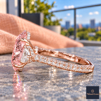Pink Oval Cut Lab Grown Diamond Engagement Ring - Half Moon Pave in rose gold, side view
