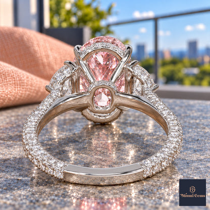 Pink Oval Cut Lab Grown Diamond Engagement Ring - Half Moon Pave in white gold, gallery view