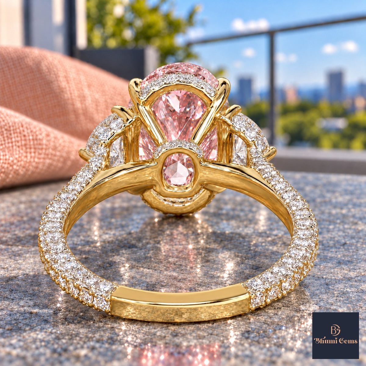 Pink Oval Cut Lab Grown Diamond Engagement Ring - Half Moon Pave in yellow gold, gallery view