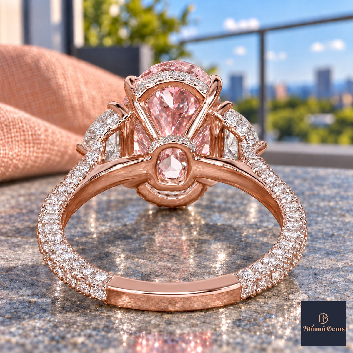 Pink Oval Cut Lab Grown Diamond Engagement Ring - Half Moon Pave in rose gold, gallery view