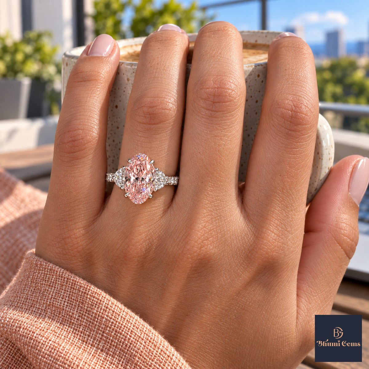 Pink Oval Cut Lab Grown Diamond Engagement Ring - Half Moon Pave in white gold, on the hand