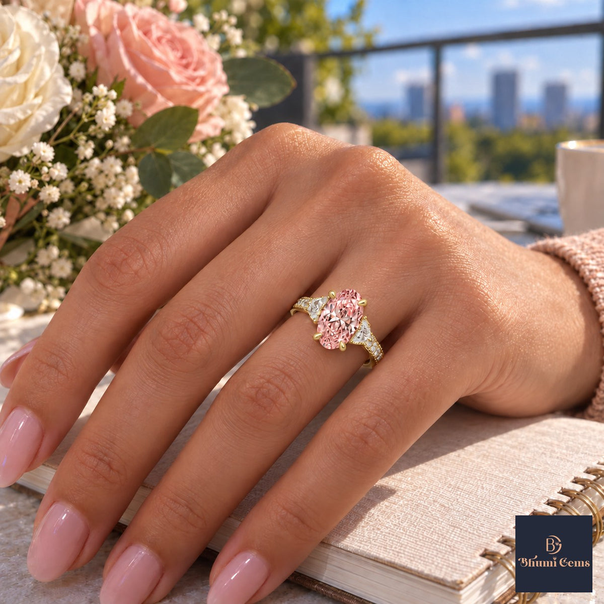 Pink Oval Cut Lab Grown Diamond Engagement Ring - Half Moon Pave in yellow gold, worn on the hand