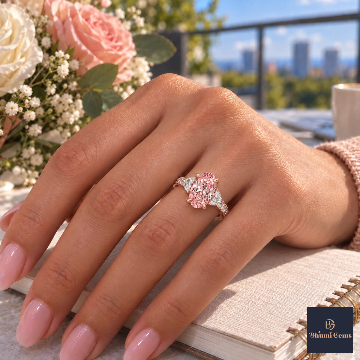 Pink Oval Cut Lab Grown Diamond Engagement Ring - Half Moon Pave in rose gold, worn on the hand
