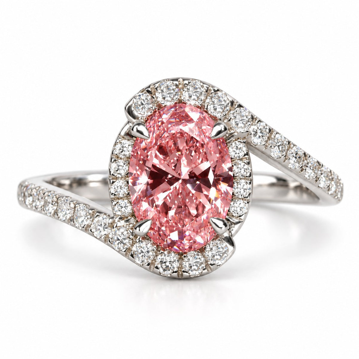 Pink Oval Cut Lab Grown Diamond Engagement Ring - Halo Bypass in white gold, front view