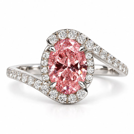 Pink Oval Cut Lab Grown Diamond Engagement Ring - Halo Bypass in white gold, front view