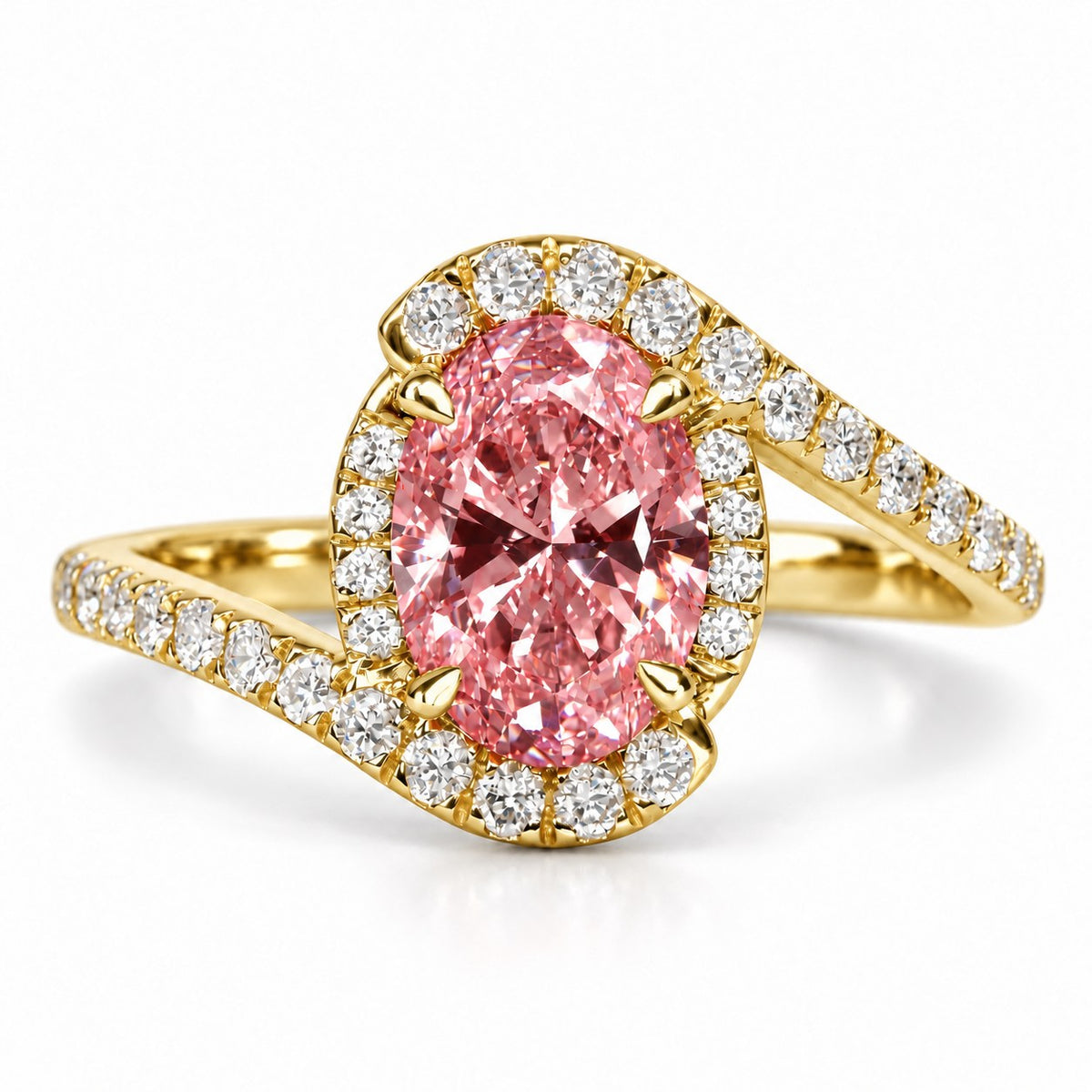 Pink Oval Cut Lab Grown Diamond Engagement Ring - Halo Bypass in yellow gold, front view