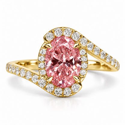 Pink Oval Cut Lab Grown Diamond Engagement Ring - Halo Bypass in yellow gold, front view