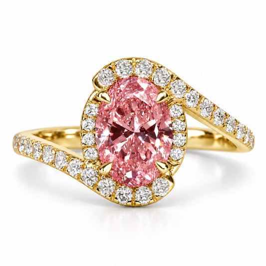 Pink Oval Cut Lab Grown Diamond Engagement Ring - Halo Bypass in yellow gold, front view