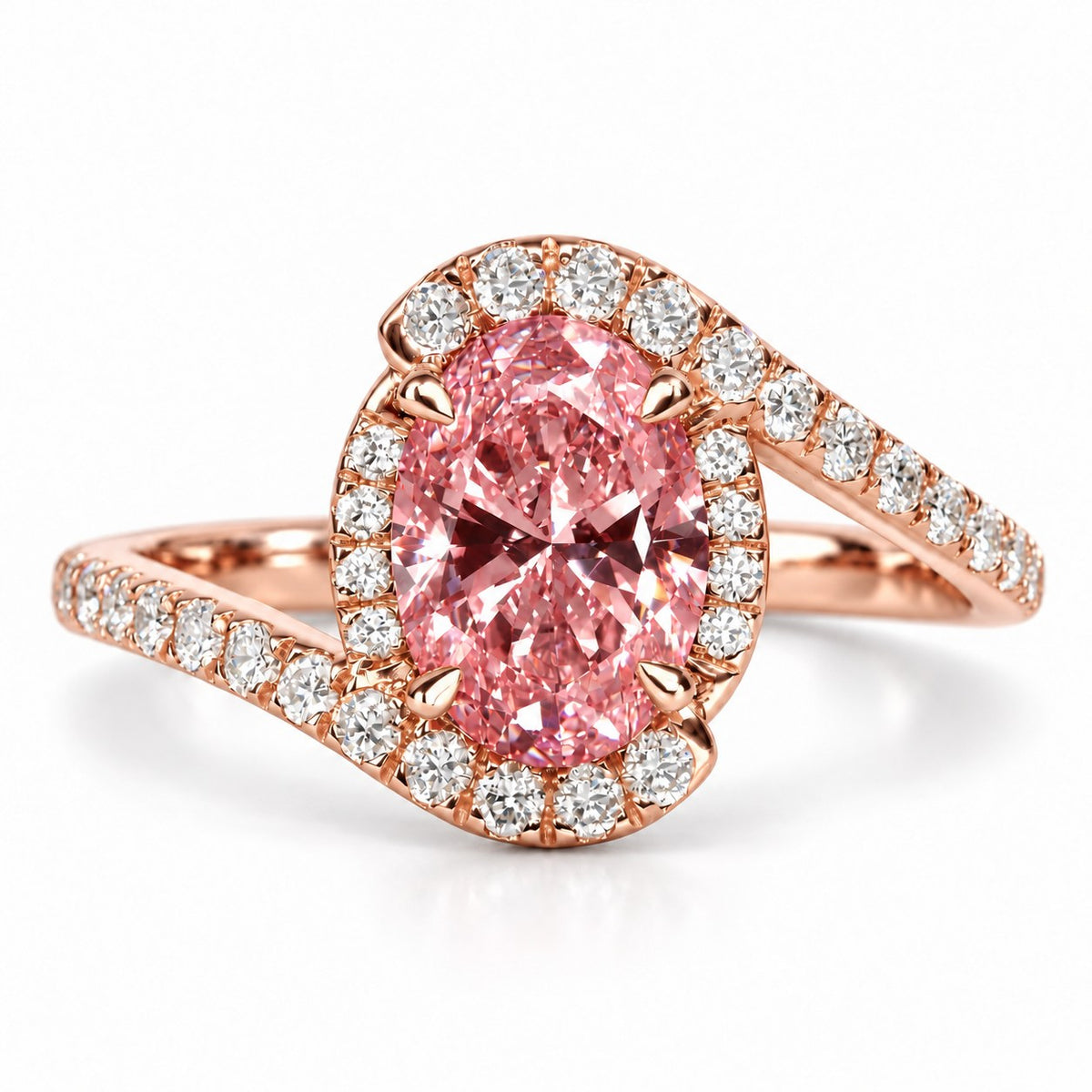 Pink Oval Cut Lab Grown Diamond Engagement Ring - Halo Bypass in rose gold, front view