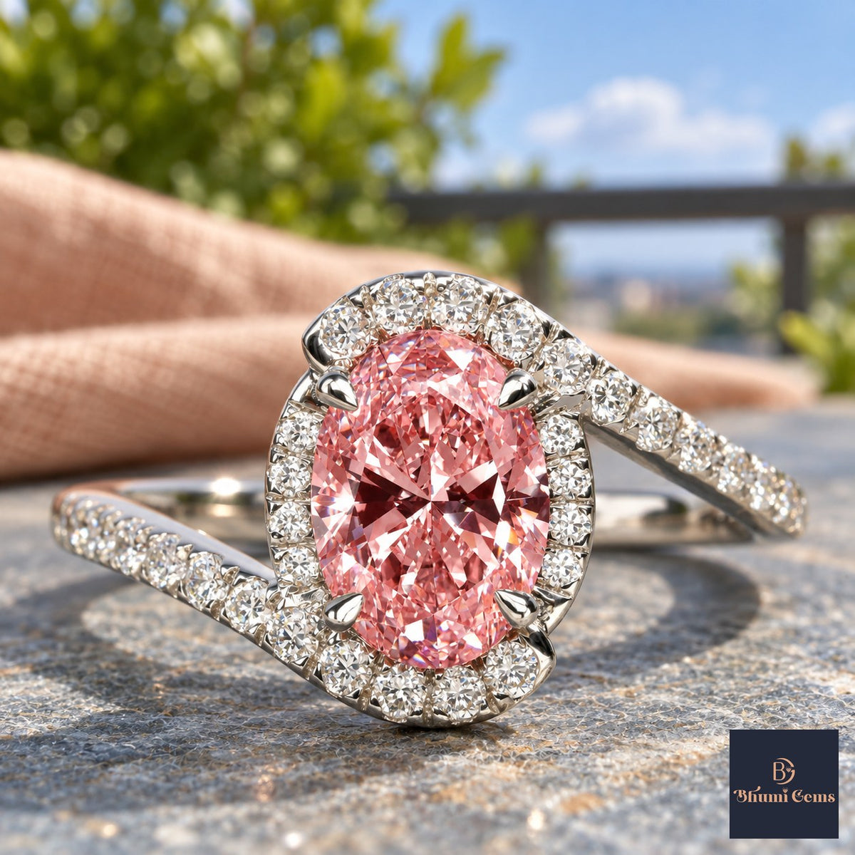 Pink Oval Cut Lab Grown Diamond Engagement Ring - Halo Bypass in white gold, close-up
