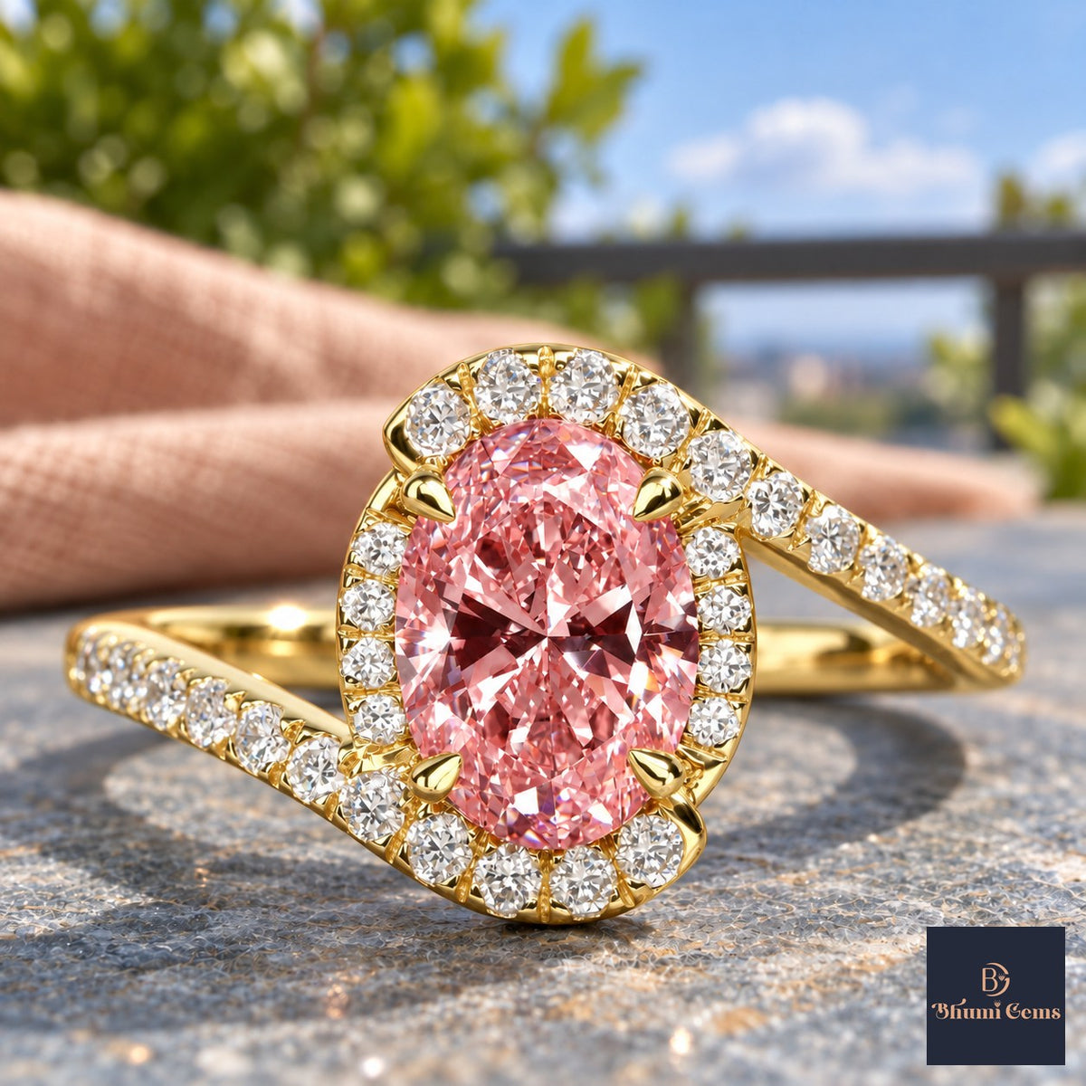 Pink Oval Cut Lab Grown Diamond Engagement Ring - Halo Bypass in yellow gold, close-up
