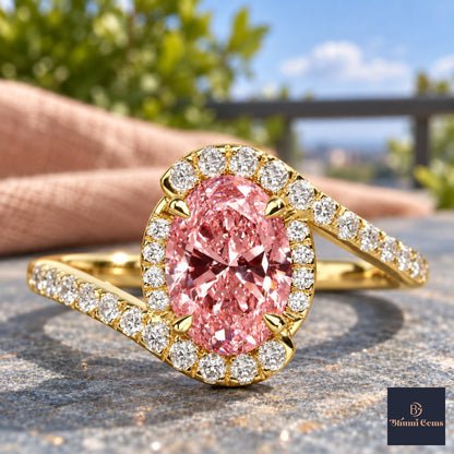 Pink Oval Cut Lab Grown Diamond Engagement Ring - Halo Bypass in yellow gold, close-up