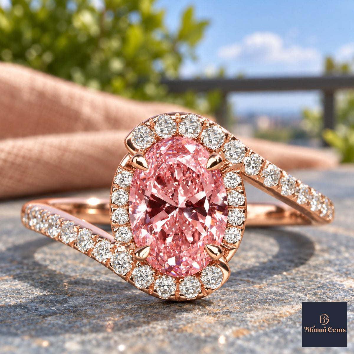 Pink Oval Cut Lab Grown Diamond Engagement Ring - Halo Bypass in rose gold, close-up