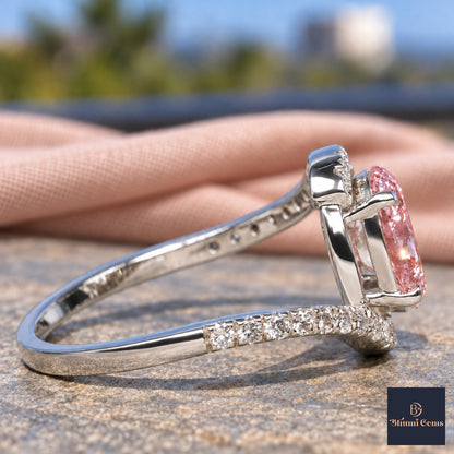 Pink Oval Cut Lab Grown Diamond Engagement Ring - Halo Bypass in white gold, side view