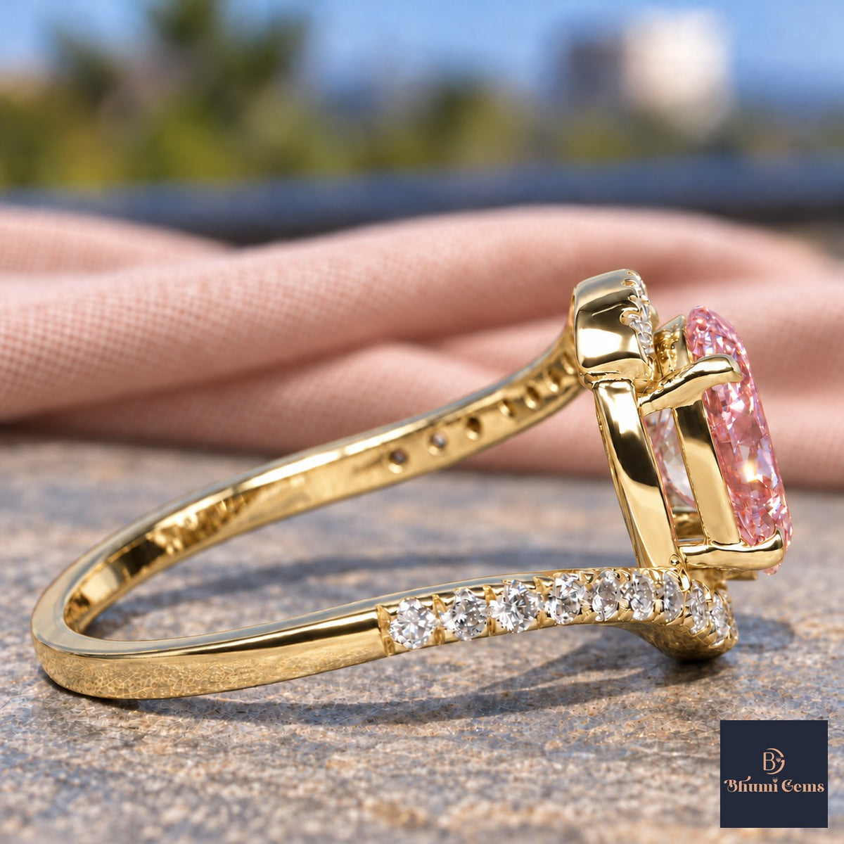 Pink Oval Cut Lab Grown Diamond Engagement Ring - Halo Bypass in yellow gold, side view