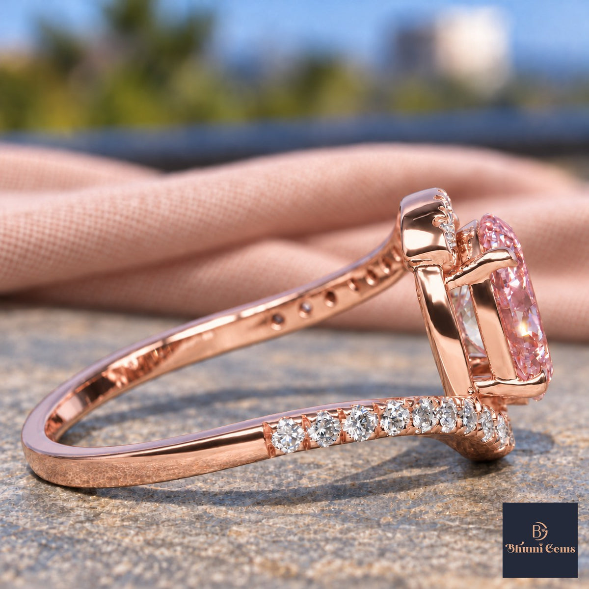 Pink Oval Cut Lab Grown Diamond Engagement Ring - Halo Bypass in rose gold, side view
