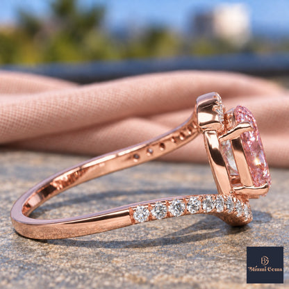 Pink Oval Cut Lab Grown Diamond Engagement Ring - Halo Bypass in rose gold, side view