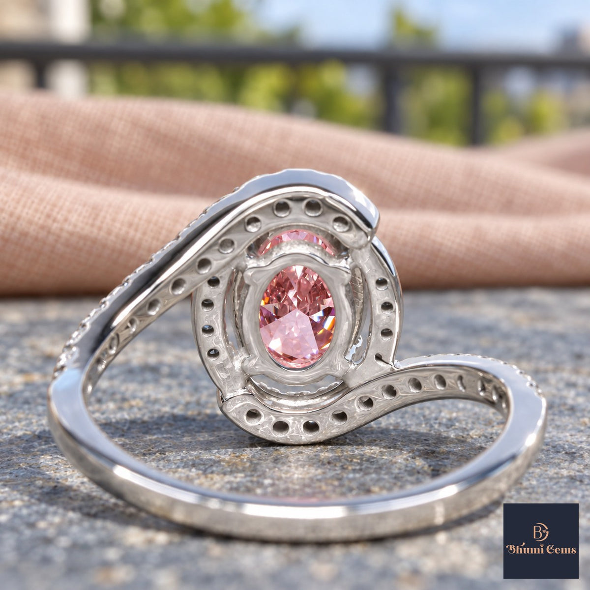 Pink Oval Cut Lab Grown Diamond Engagement Ring - Halo Bypass in white gold, gallery view