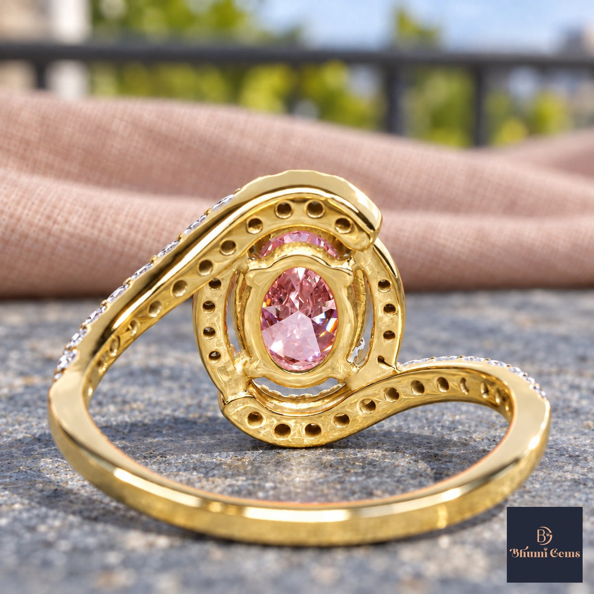 Pink Oval Cut Lab Grown Diamond Engagement Ring - Halo Bypass in yellow gold, gallery view
