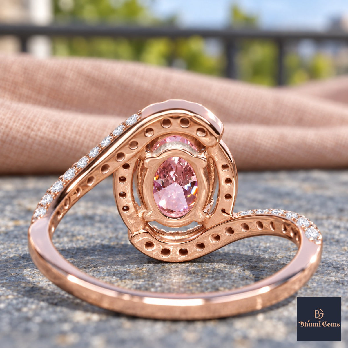Pink Oval Cut Lab Grown Diamond Engagement Ring - Halo Bypass in rose gold, gallery view