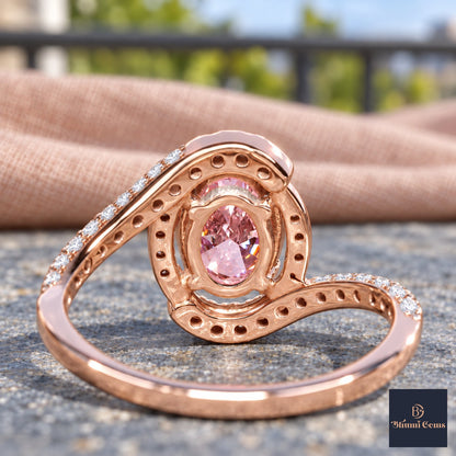 Pink Oval Cut Lab Grown Diamond Engagement Ring - Halo Bypass in rose gold, gallery view